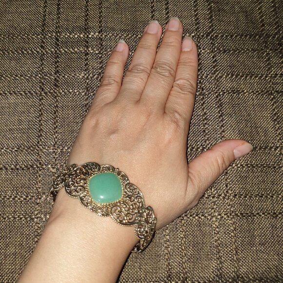 Vintage 1950s Chinese Export Green Jade Sterling Gold Vermeil Filigree Bracelet - Picture 5 of 13